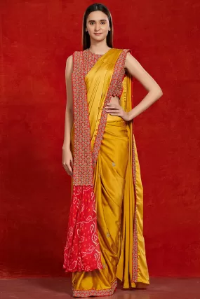 90Z952-RO Mustard Satin Saree Embellished With Red Border