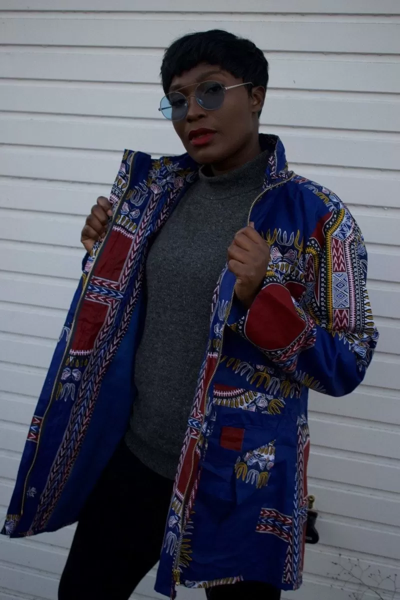 African Coat in Blue Dashiki - African Winter Coat