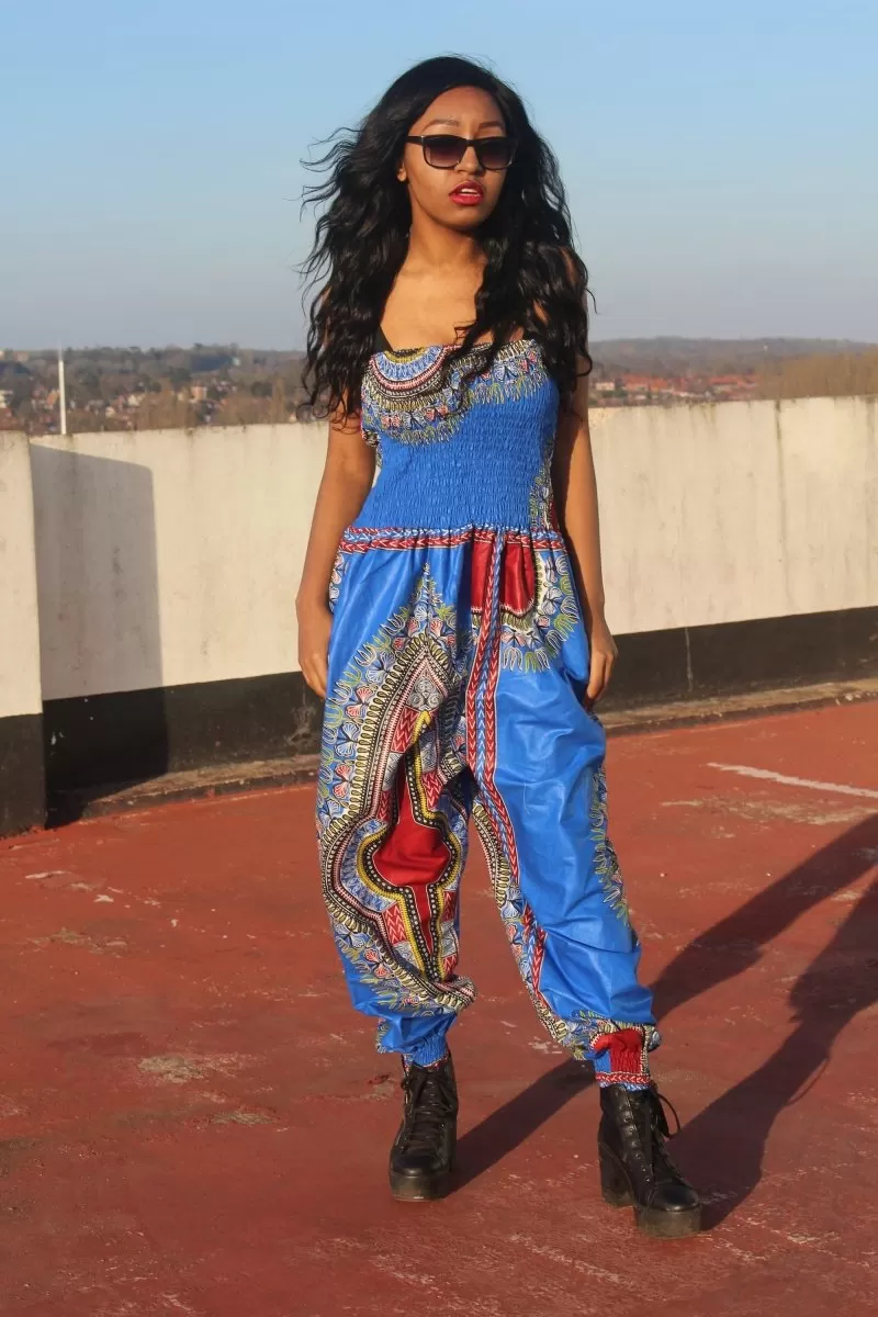 African Print Jumpsuit in Blue Dashiki Print - Festival Jumpsuit