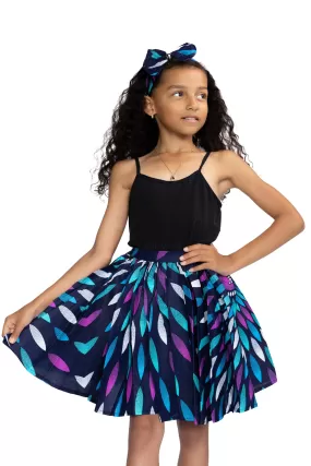 African print Kids Skirt   Headtie with Bow set - Blue sunburst ( 1 - 10 years )