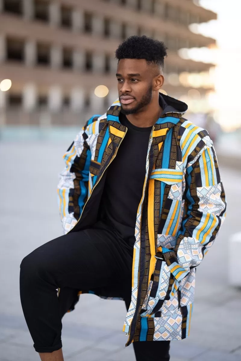 African Puffer Jacket In Blue Kente