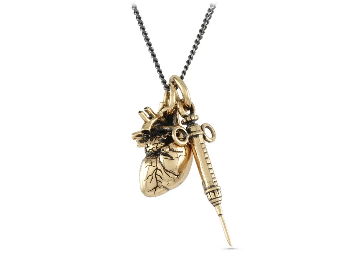 Anatomical Heart & Syringe Necklace - Bronze