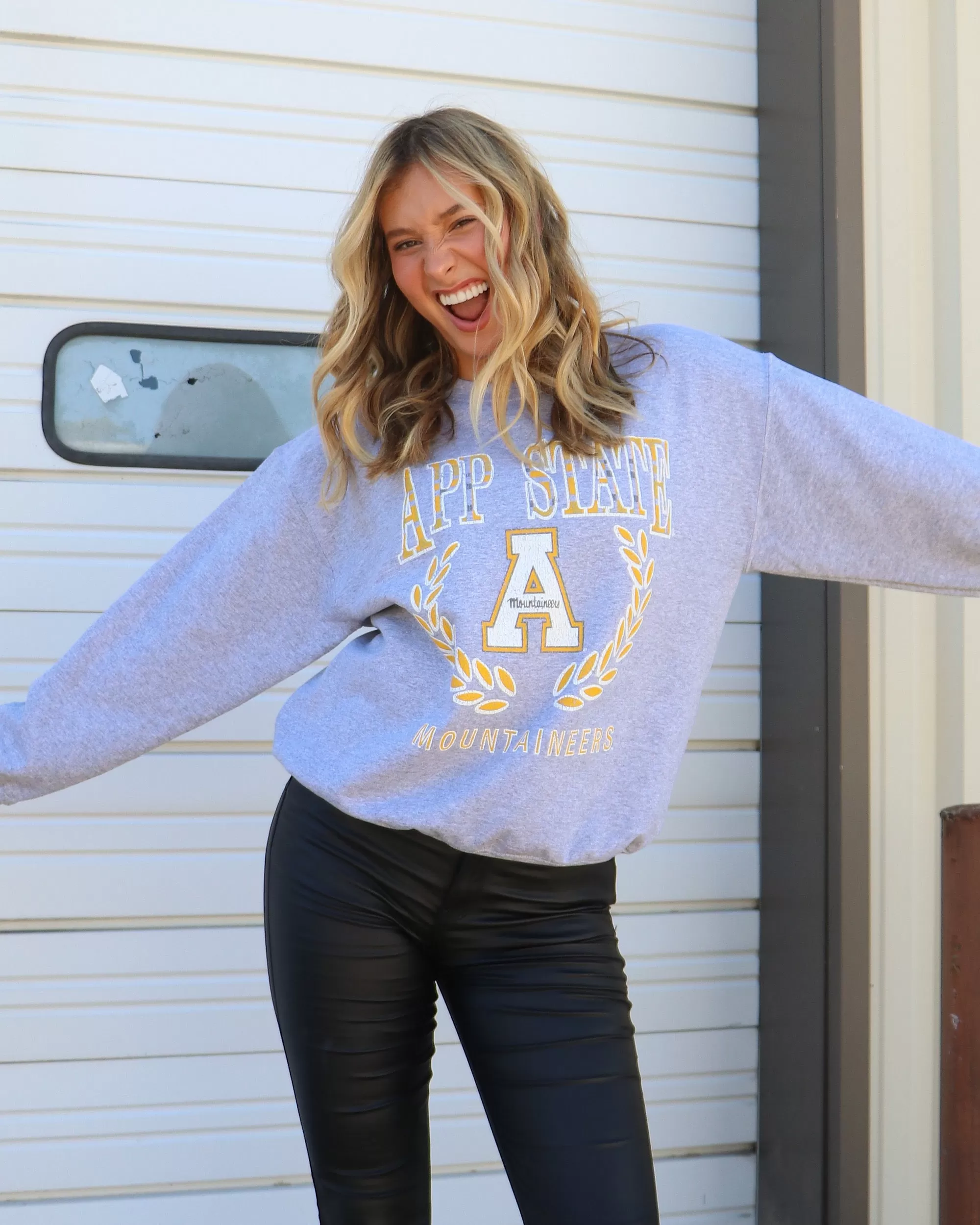 App State Mountaineers Plaid Crest Gray Thrifted Sweatshirt