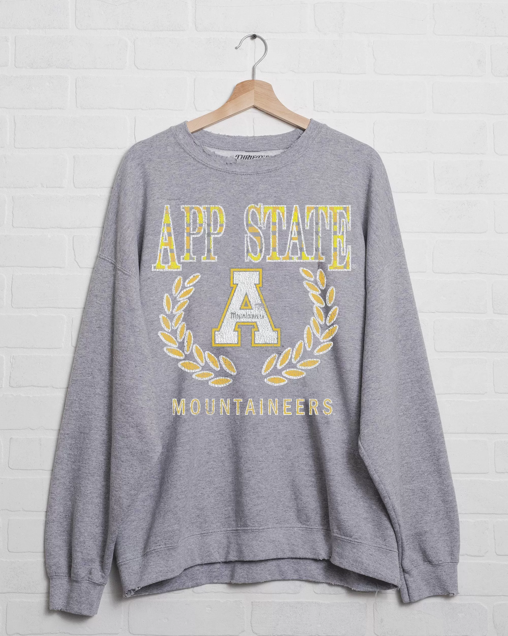 App State Mountaineers Plaid Crest Gray Thrifted Sweatshirt