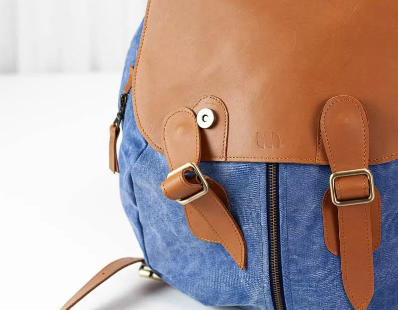 Artemis backpack - Blue stonewashed canvas and Brown leather