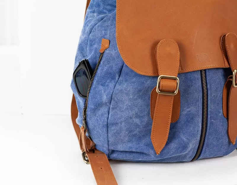 Artemis backpack - Blue stonewashed canvas and Brown leather