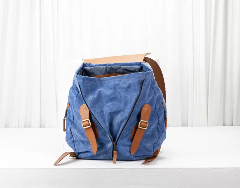 Artemis backpack - Blue stonewashed canvas and Brown leather