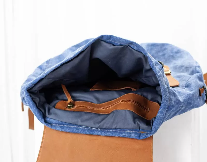 Artemis backpack - Blue stonewashed canvas and Brown leather