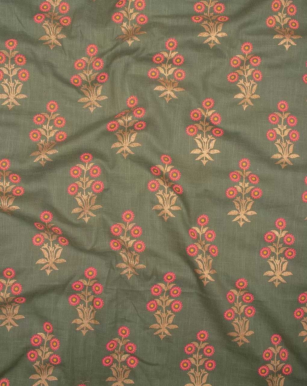 Artichoke & Pink Floral Gold Foil Screen Print Slub Cotton Fabric