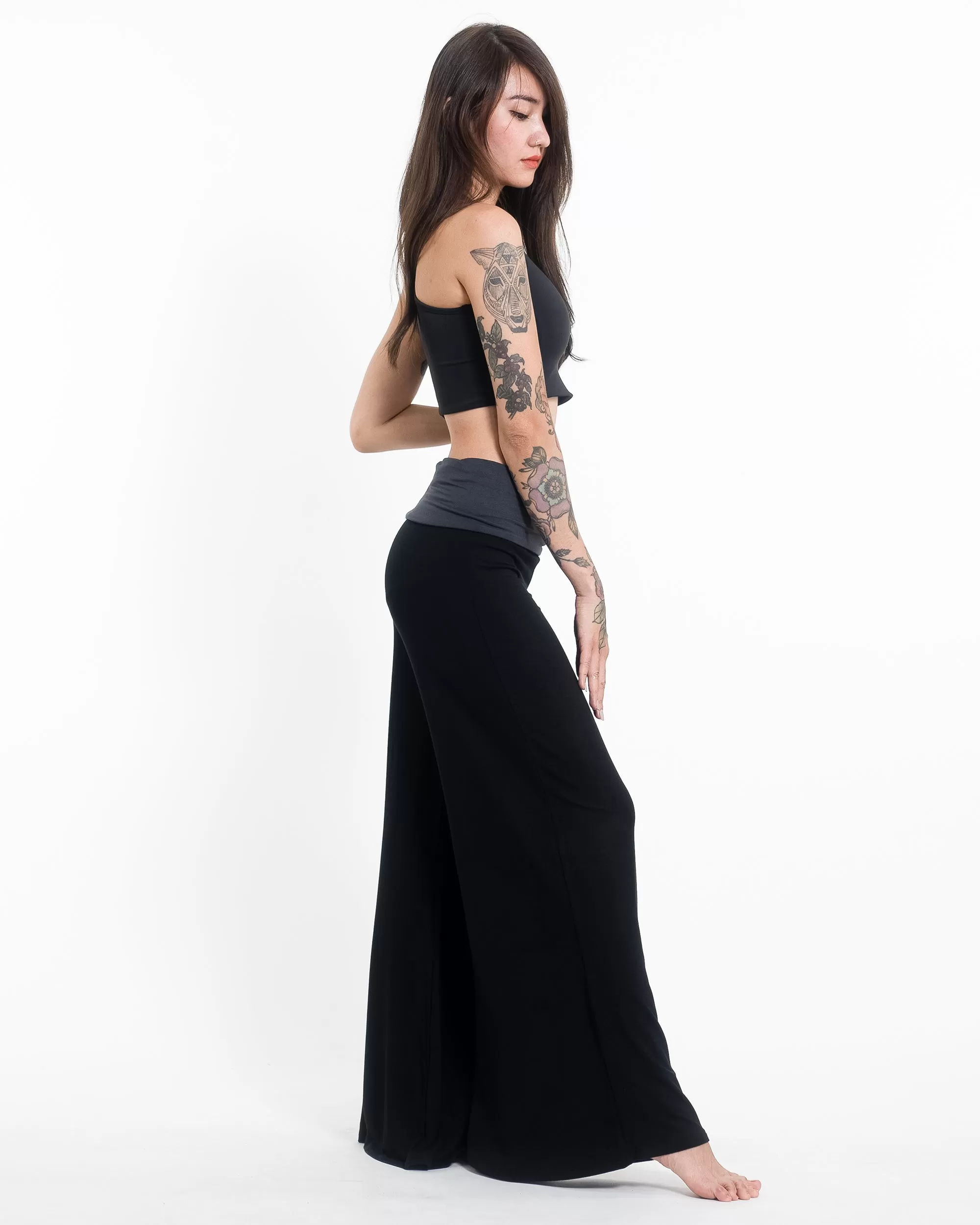 Birds Print Wide Leg Palazzo Harem Pants Cotton Spandex in Black