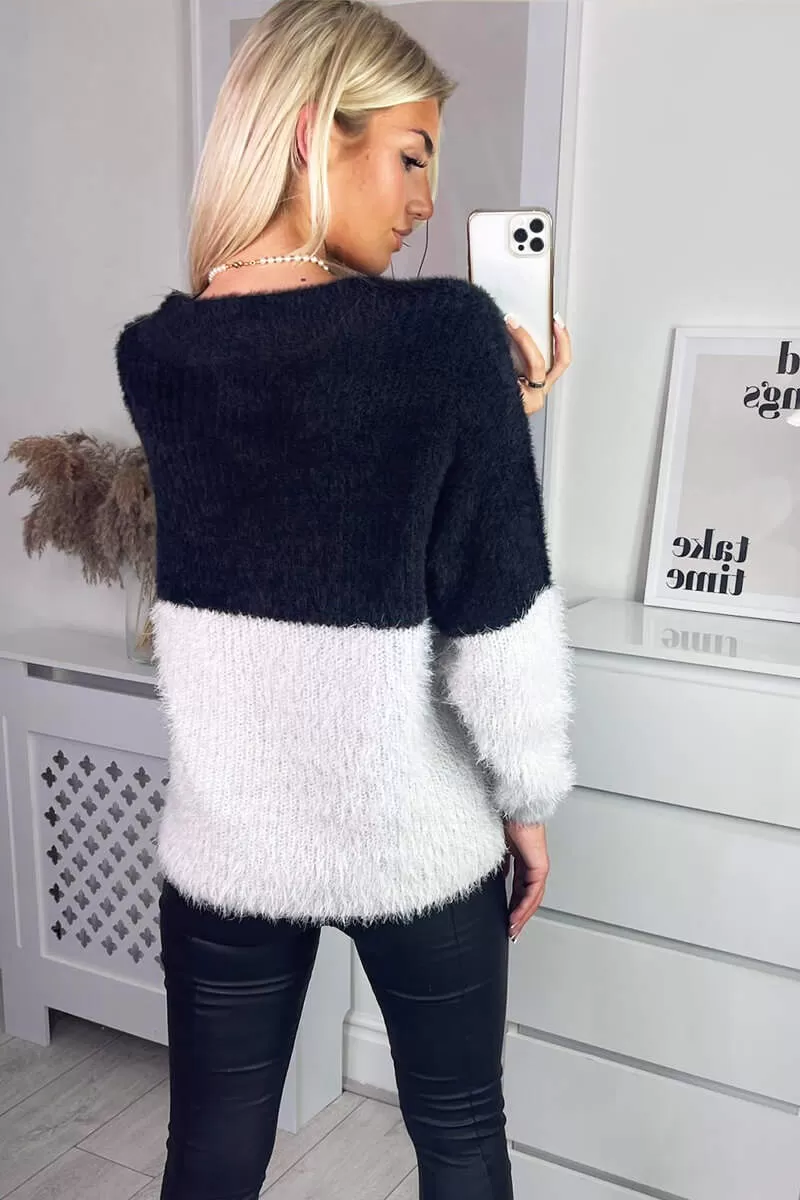 Black And Silver Fluffy V Neck Jumper