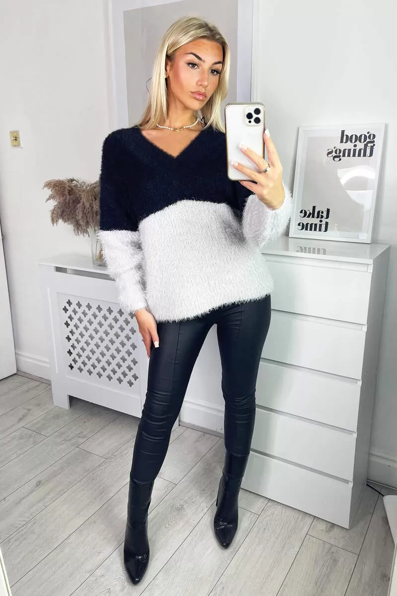 Black And Silver Fluffy V Neck Jumper