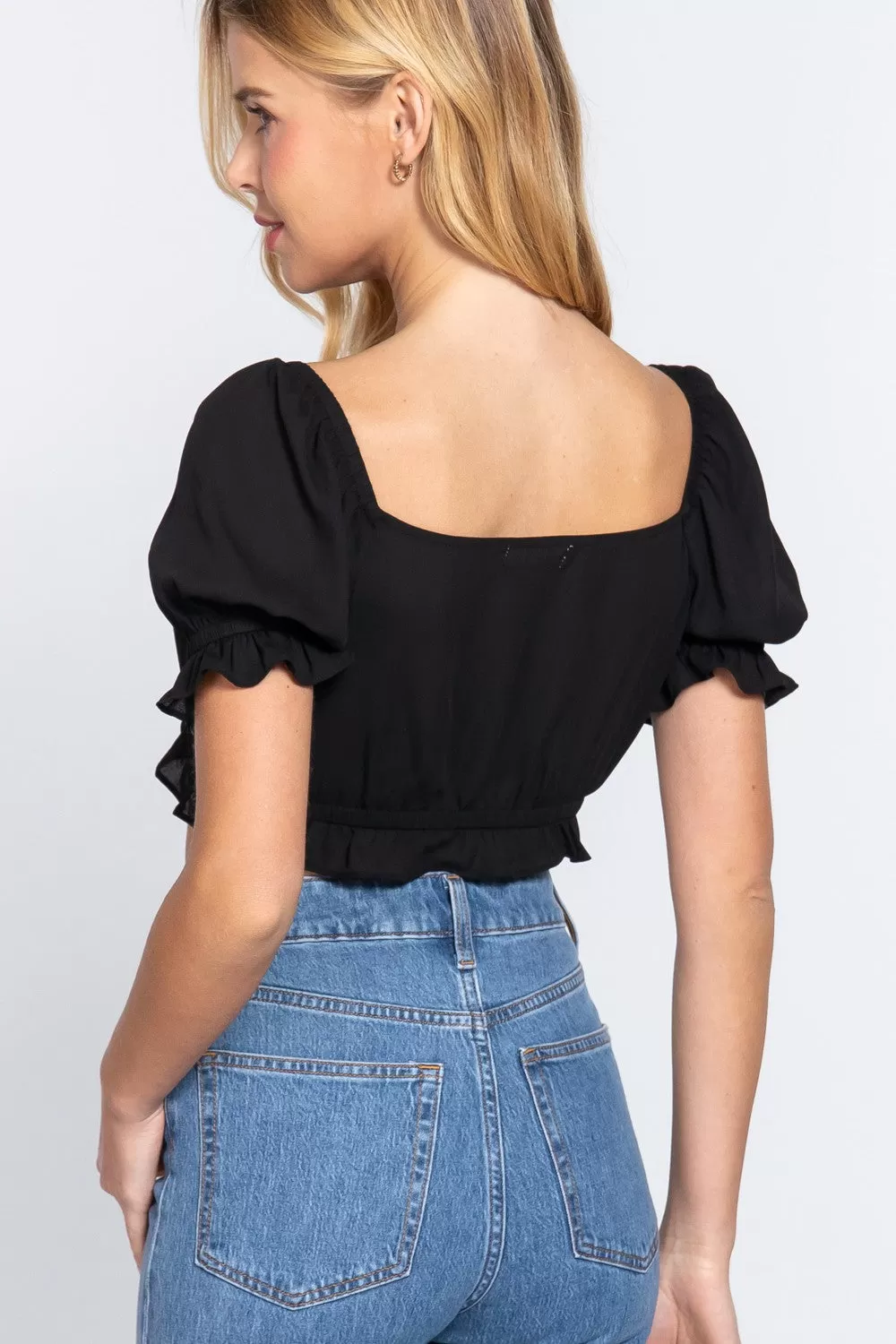 Black Chiffon Sweetheart Front Tie Crop Top