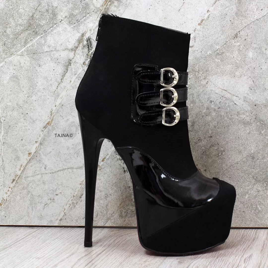 Black Patent Detail Suede Belted Platform Booties