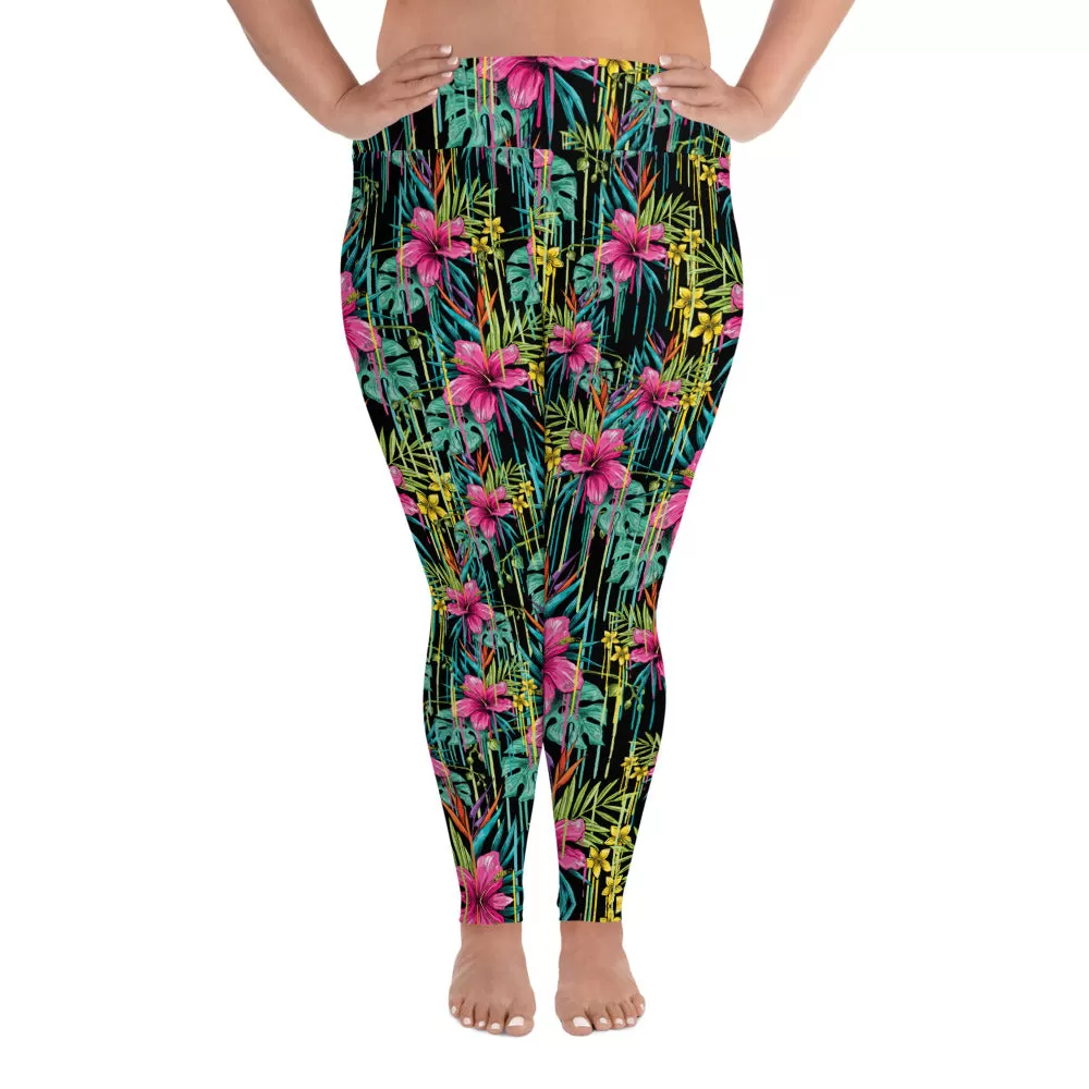 Black Tropical Plus Size Leggings, Floral Print Women's Long Yoga Tights-Made in USA/EU