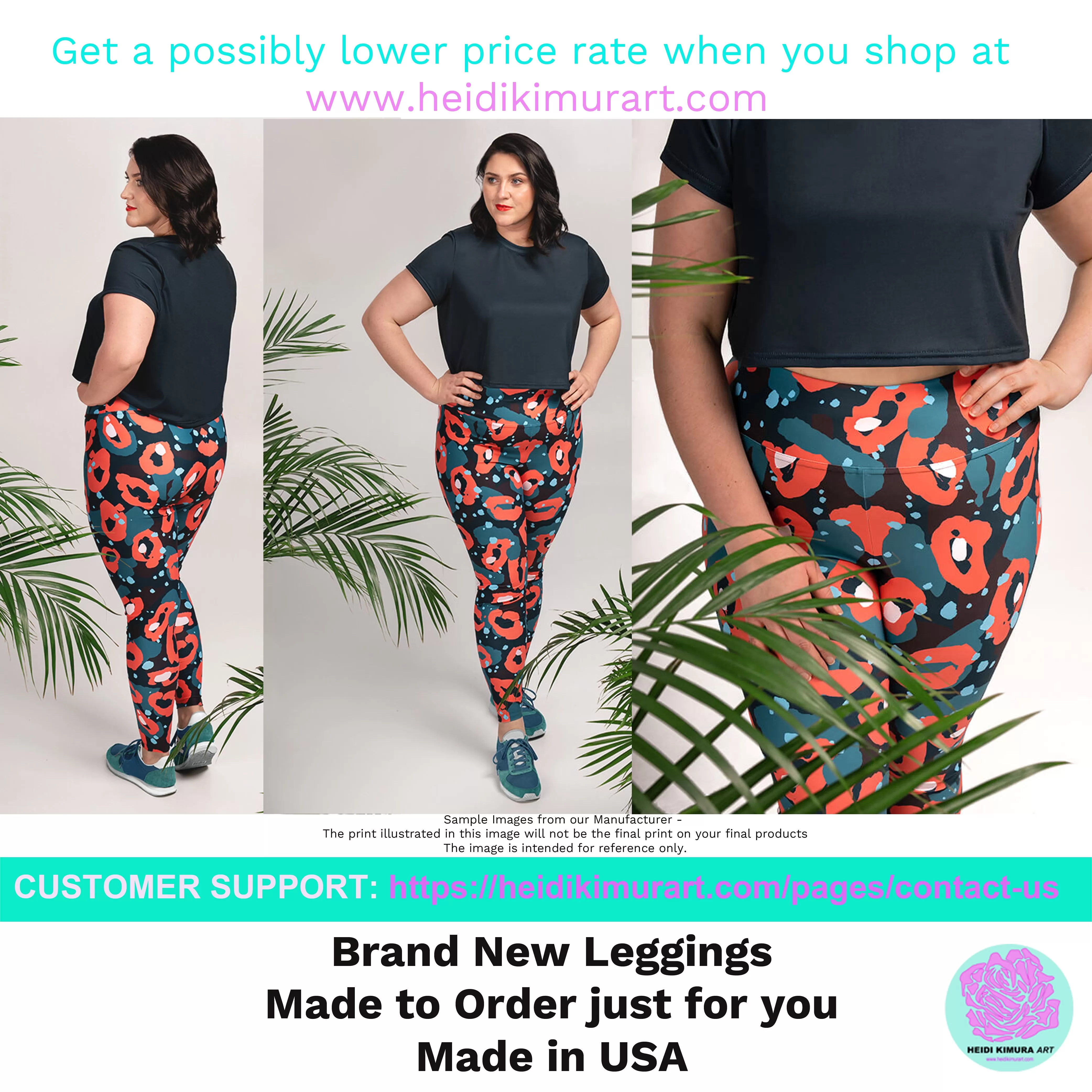 Black Tropical Plus Size Leggings, Floral Print Women's Long Yoga Tights-Made in USA/EU