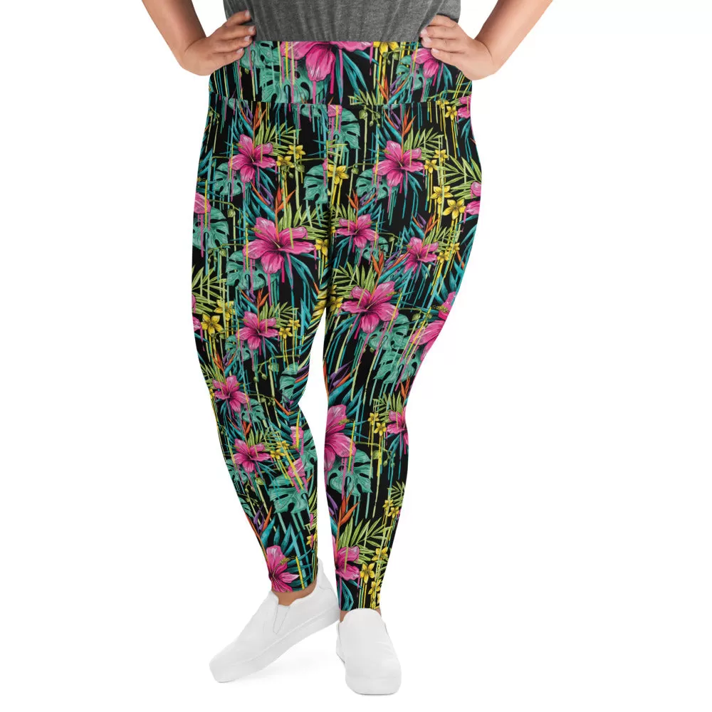 Black Tropical Plus Size Leggings, Floral Print Women's Long Yoga Tights-Made in USA/EU