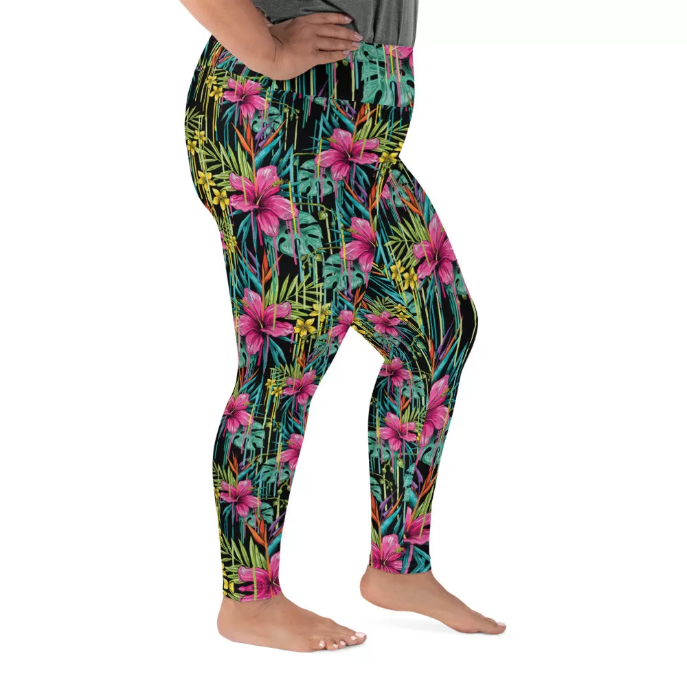 Black Tropical Plus Size Leggings, Floral Print Women's Long Yoga Tights-Made in USA/EU