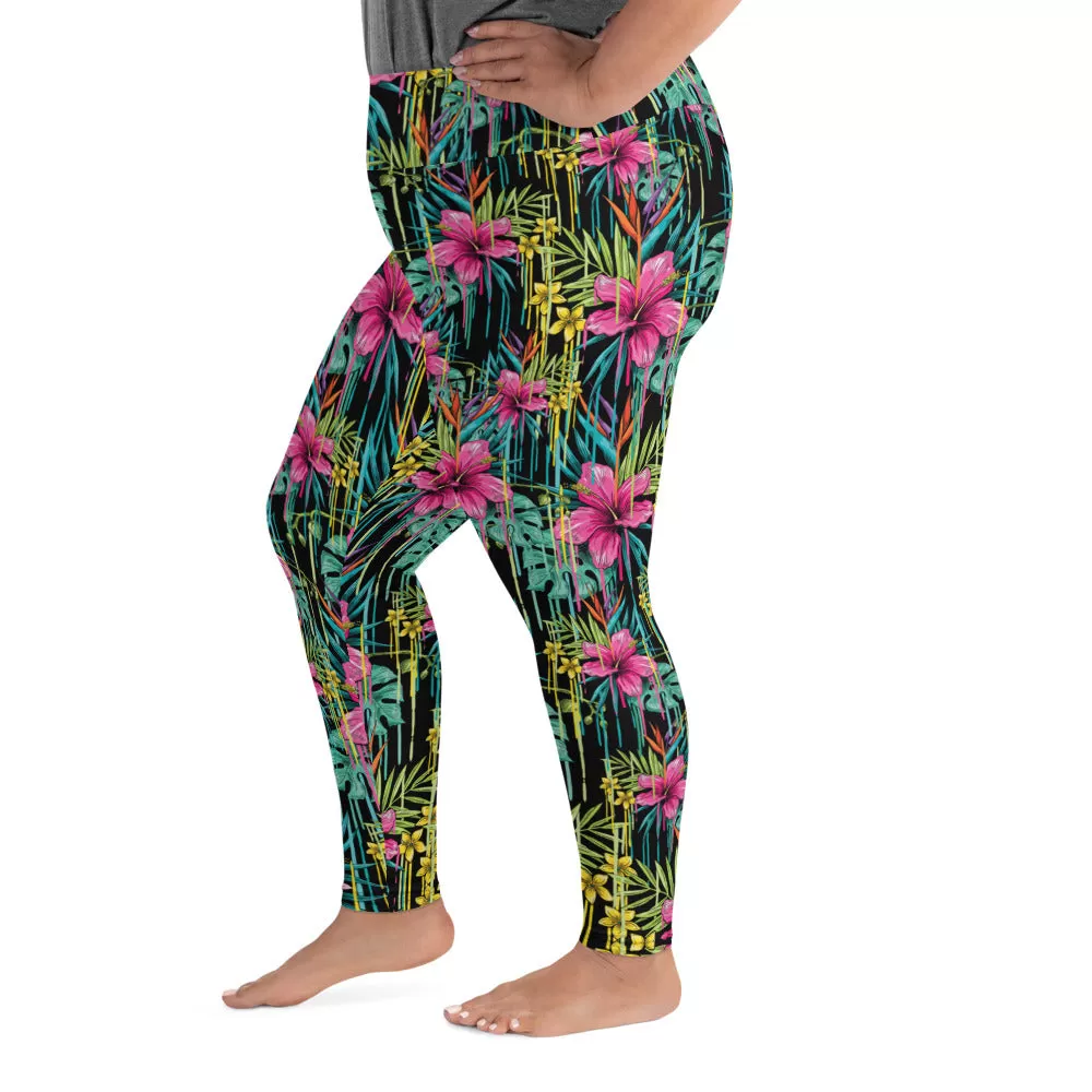 Black Tropical Plus Size Leggings, Floral Print Women's Long Yoga Tights-Made in USA/EU