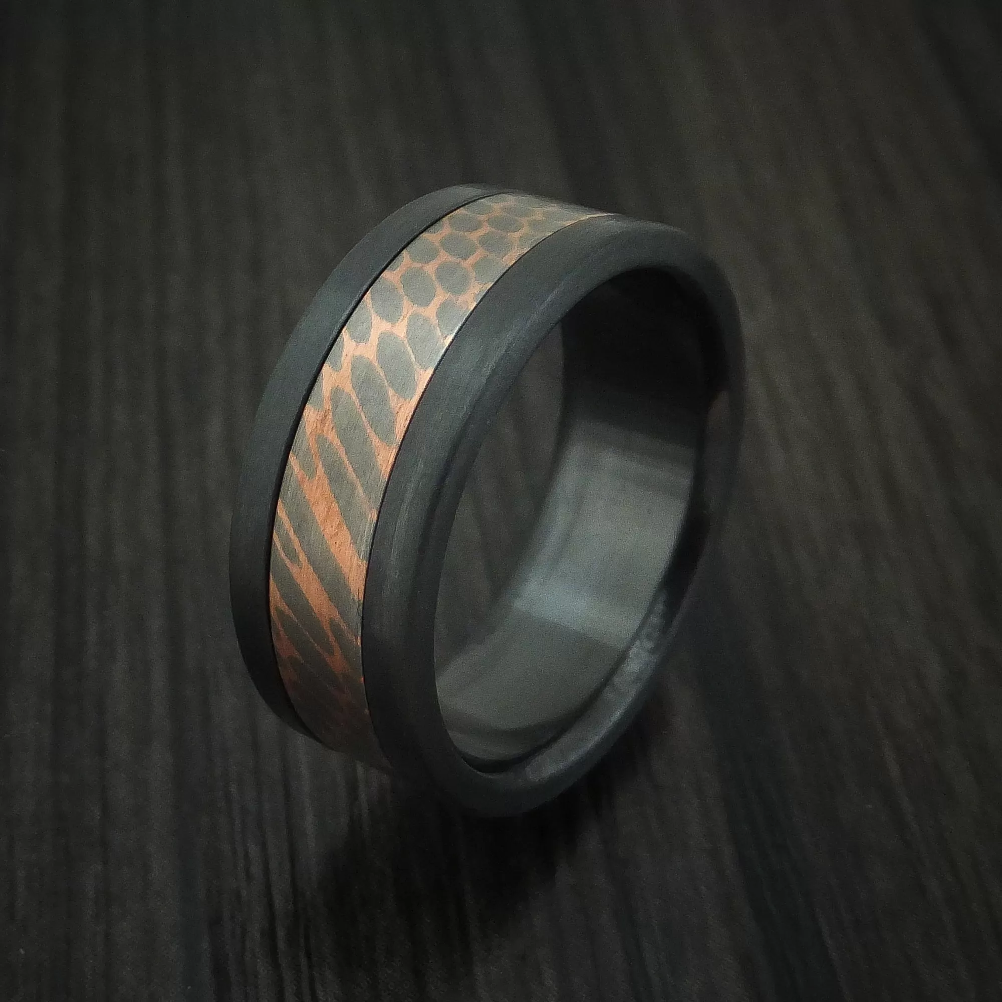 Black Zirconium and Superconductor Men's Ring Custom Made Titanium-Niobium and Copper Band