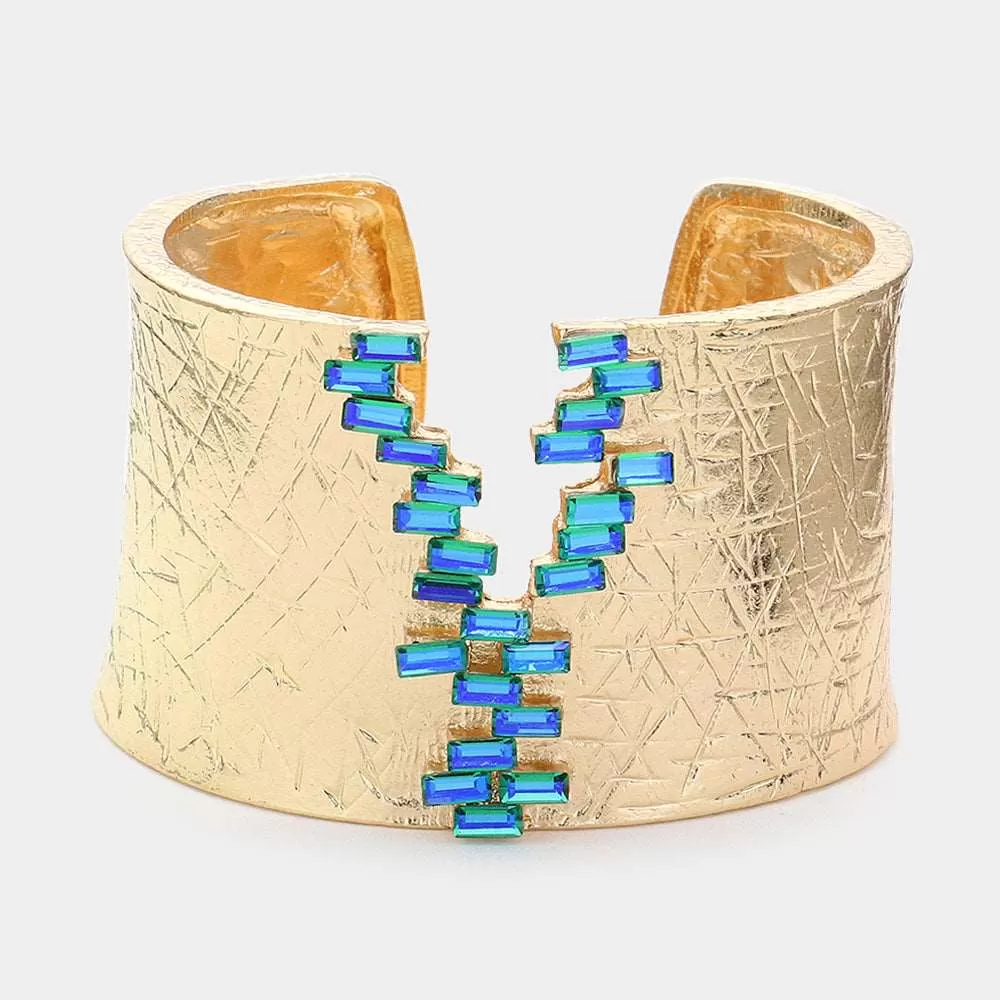 Blue Baguette Stone Pointed Textured Metal Cuff Bracelet for Women