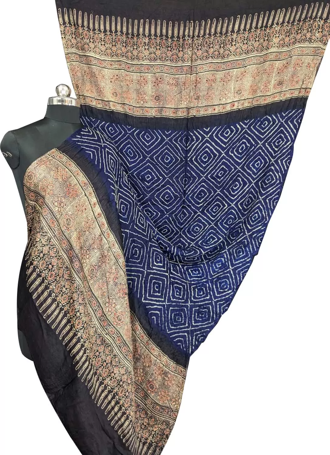 Blue Bandhani Ajrakh Gajji Silk Dupatta