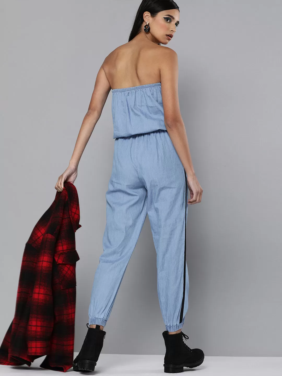 Blue Denim Side Tape Tube Jumpsuit