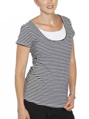 Breastfeeding Short Sleeve Cotton Tee Top - Black & White Stripes