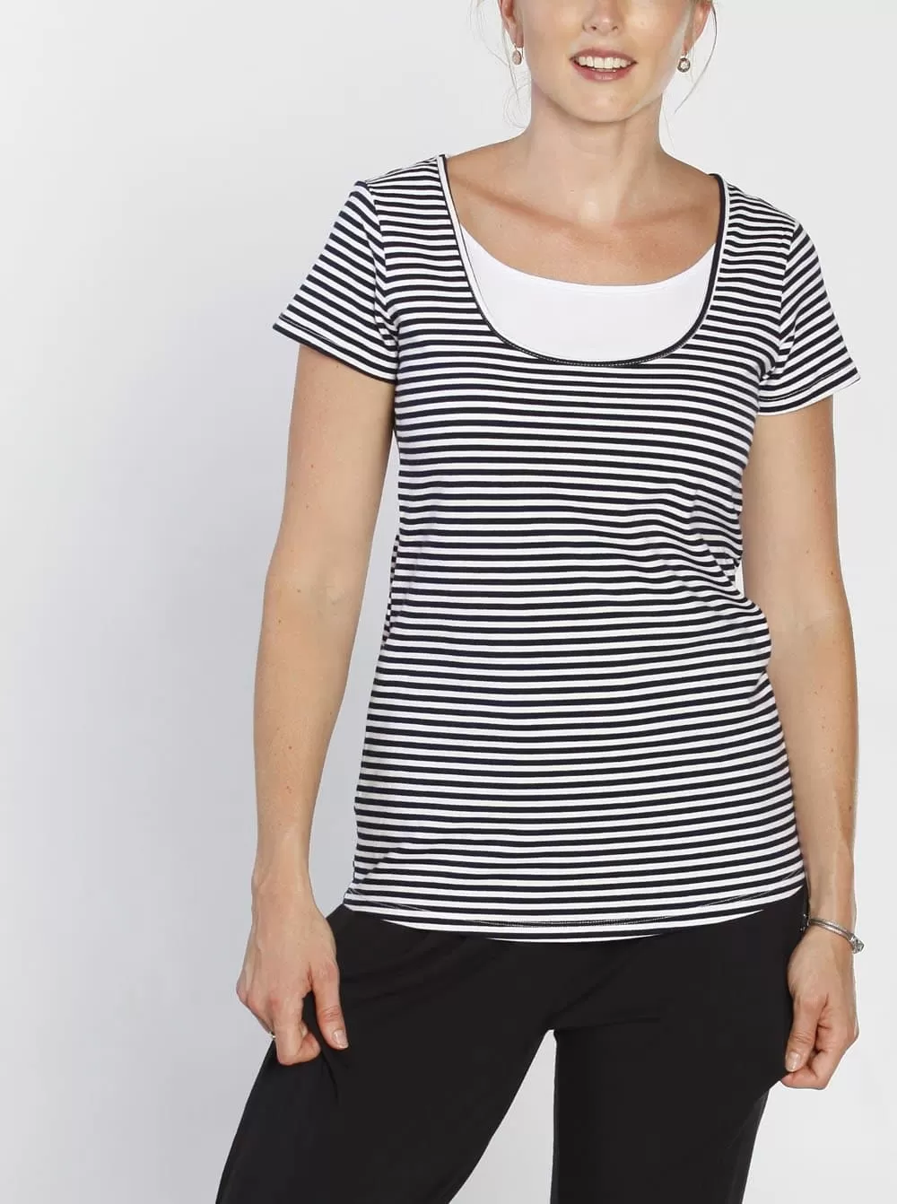 Breastfeeding Short Sleeve Cotton Tee Top - Black & White Stripes