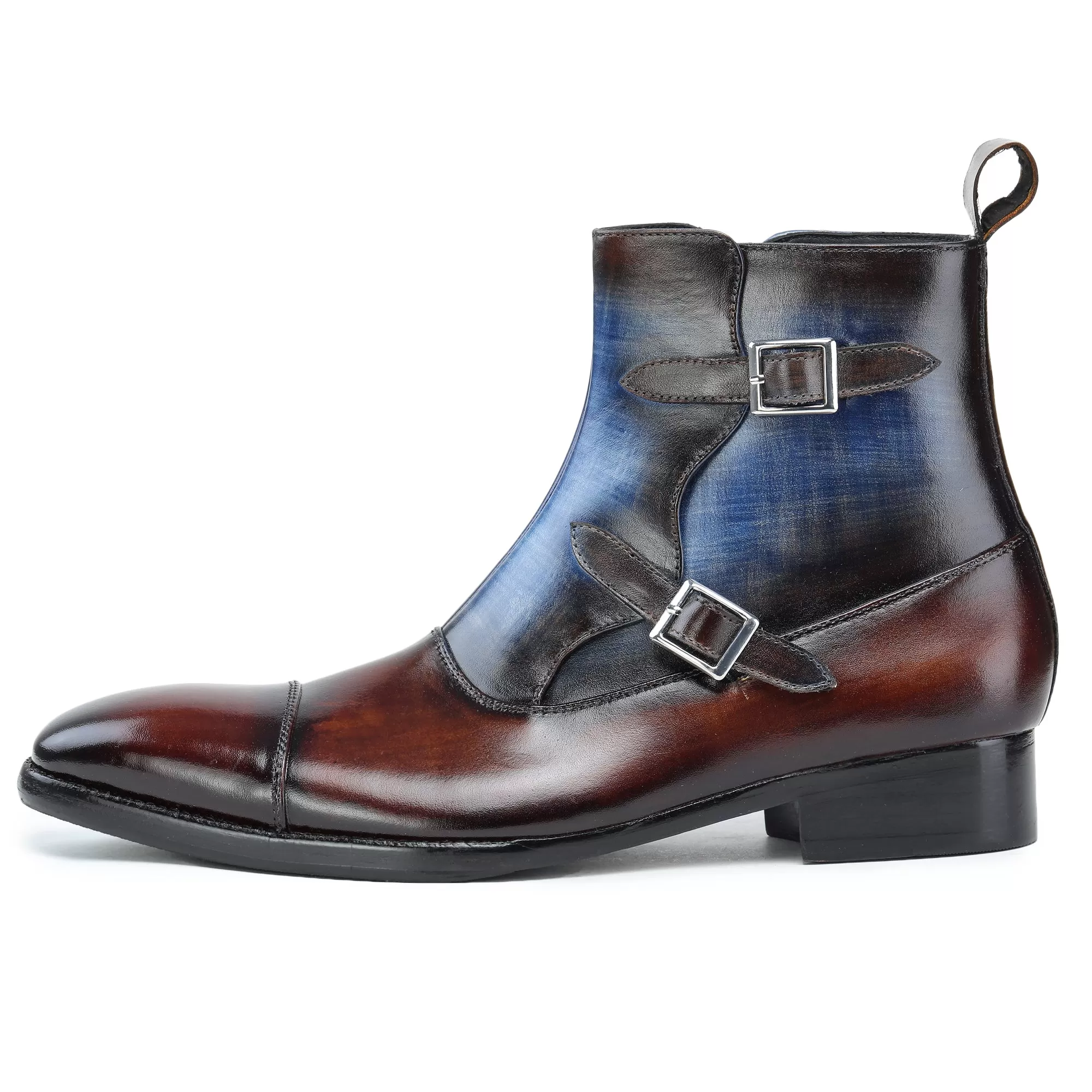 Captoe Double Monk Strap Zipper Boots - Brown & Blue