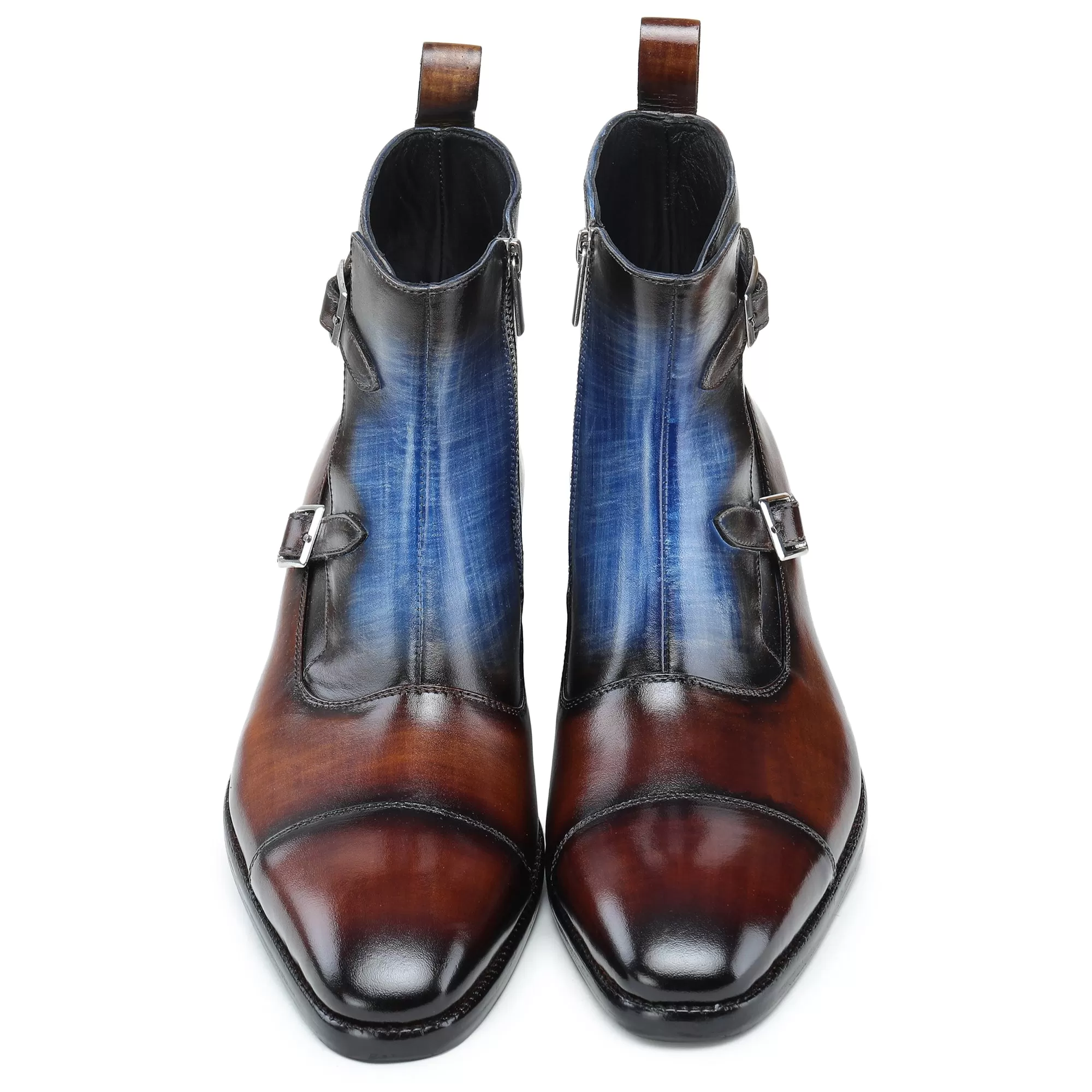 Captoe Double Monk Strap Zipper Boots - Brown & Blue