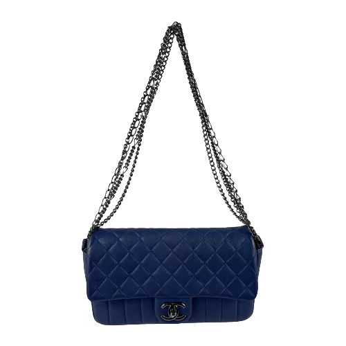 CHANEL - Quilted Leather Medium Single Flap Blue / Ruthenium Shoulder Bag