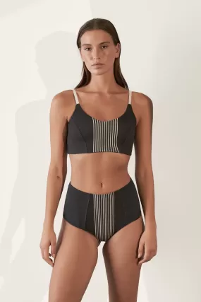 Contoured High Waisted Brief Organic Cotton Rib / Tar with Bone Stripe