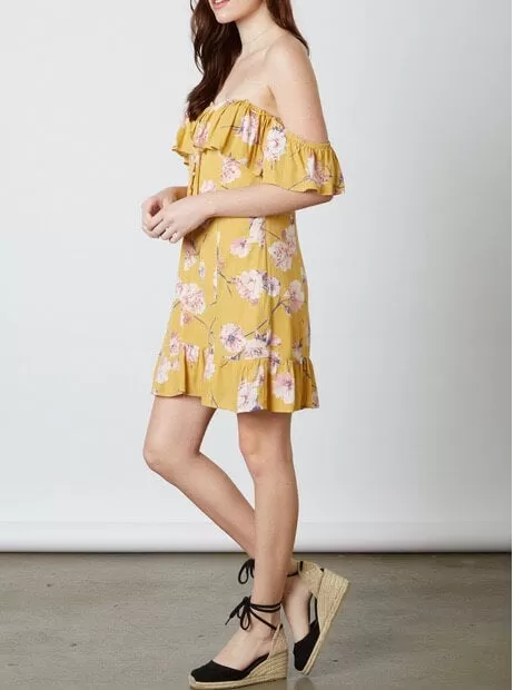 Cotton Candy LA - Love or Lust Off The Shoulder Floral Dress in Honey