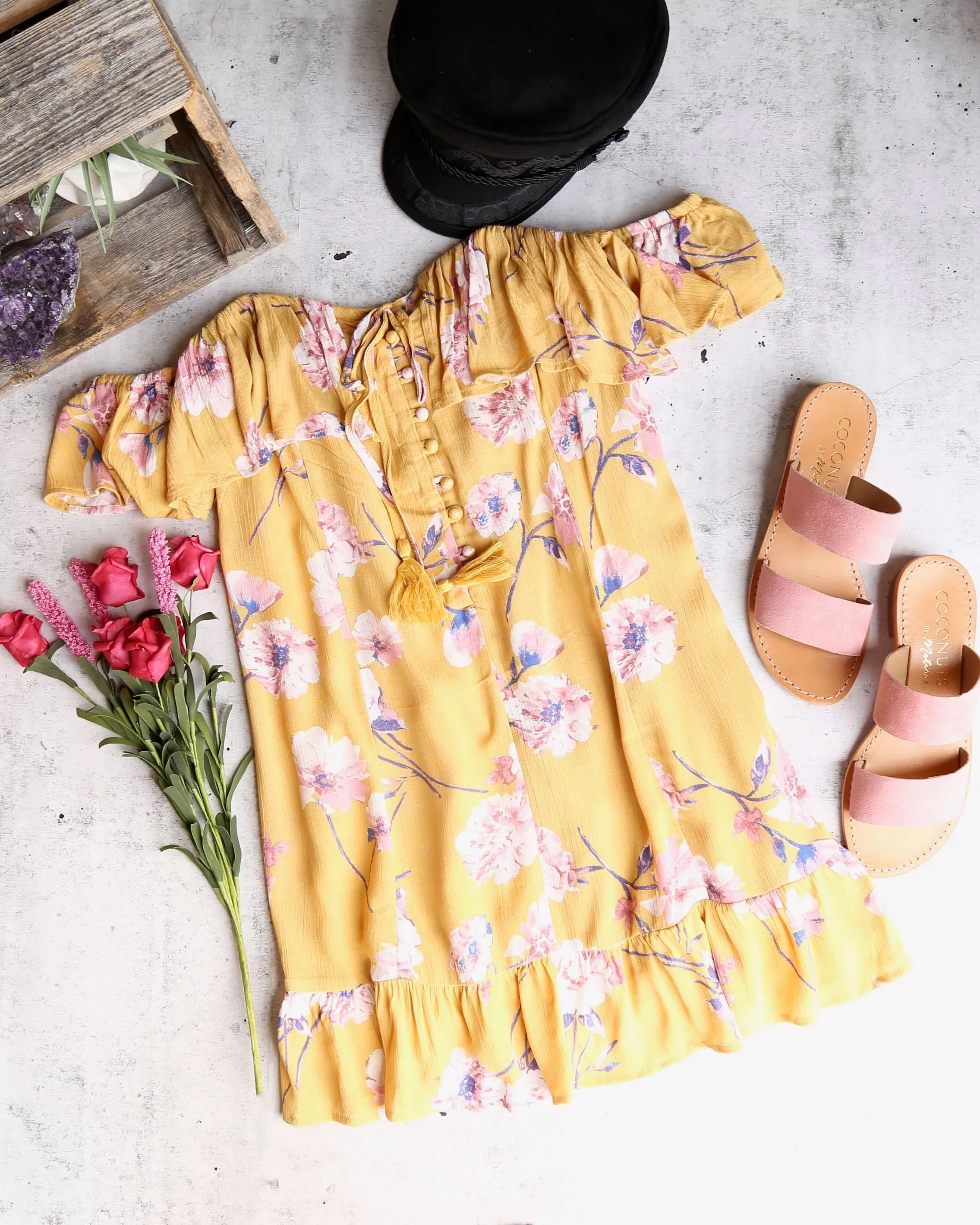 Cotton Candy LA - Love or Lust Off The Shoulder Floral Dress in Honey