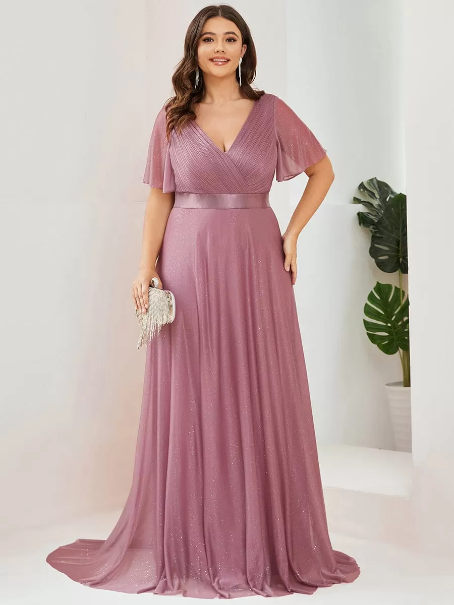 Custom Size V Neck Ribbon Waist Formal Evening Dress With Sleeves