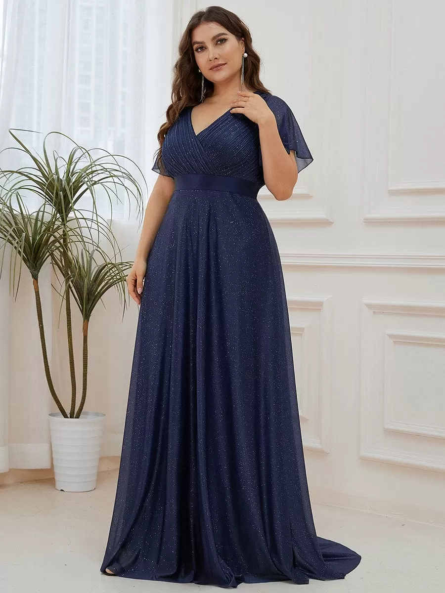 Custom Size V Neck Ribbon Waist Formal Evening Dress With Sleeves