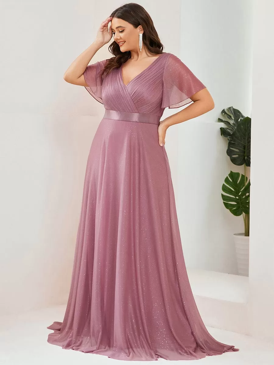 Custom Size V Neck Ribbon Waist Formal Evening Dress With Sleeves