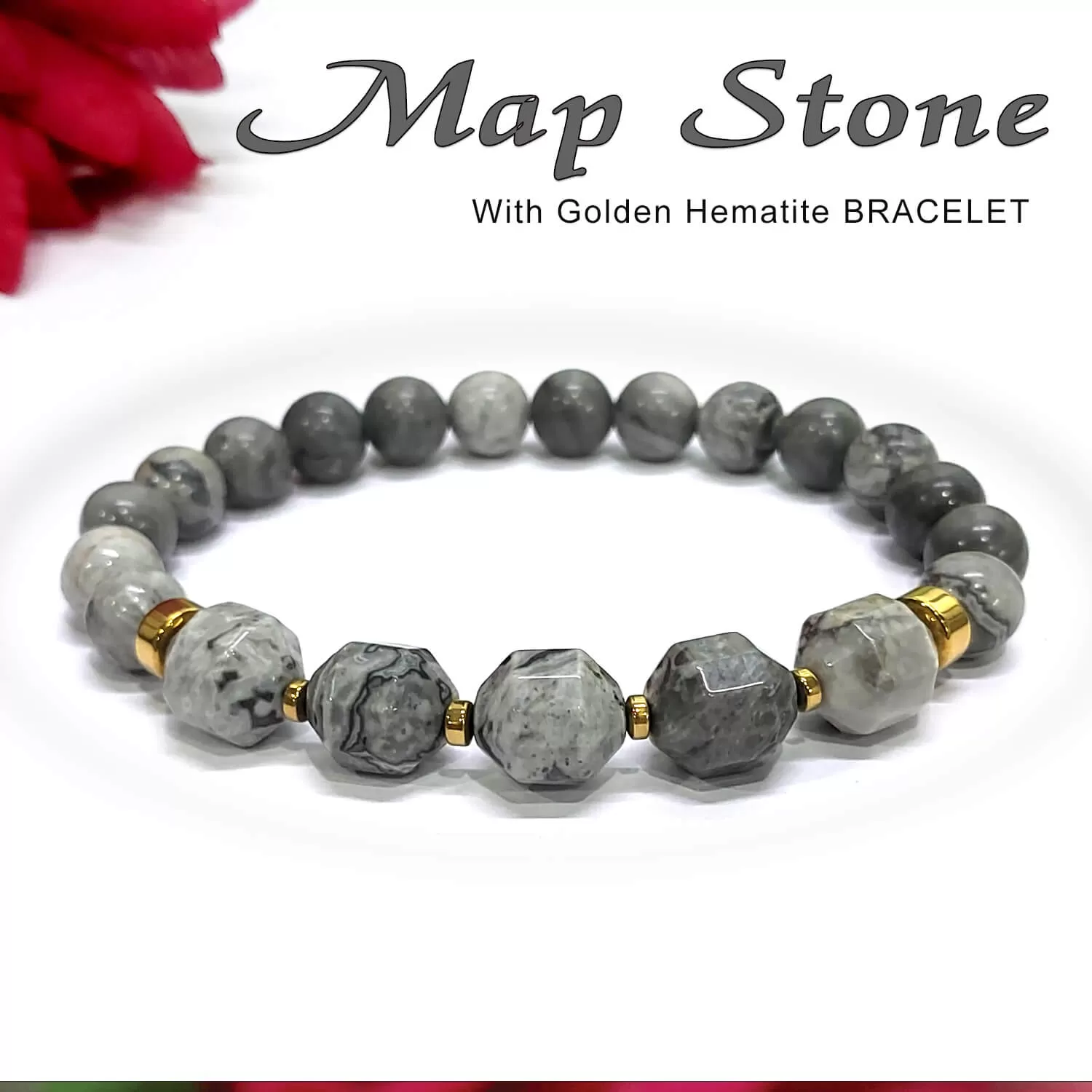 Diamond Cut Map Stone With Golden Hematite Natural Stone Bracelet