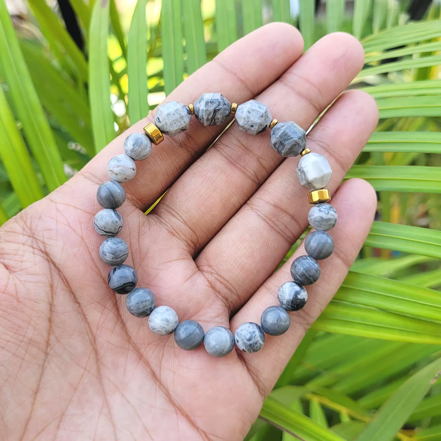 Diamond Cut Map Stone With Golden Hematite Natural Stone Bracelet