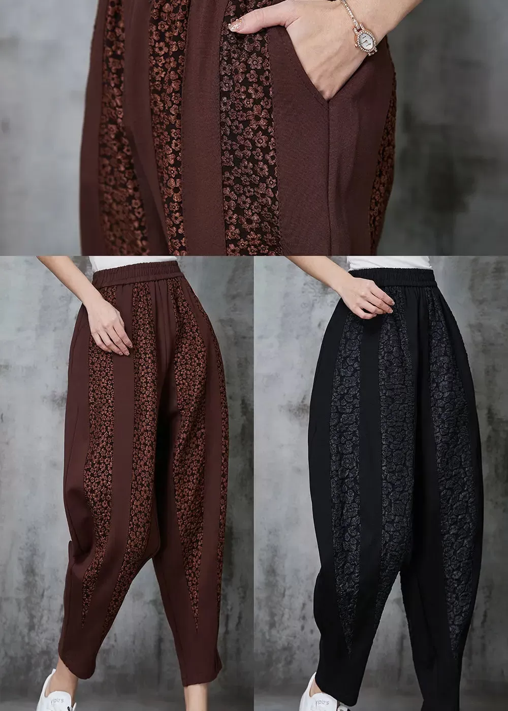 Elegant Black Oversized Patchwork Jacquard Cotton Pants Spring JK1019