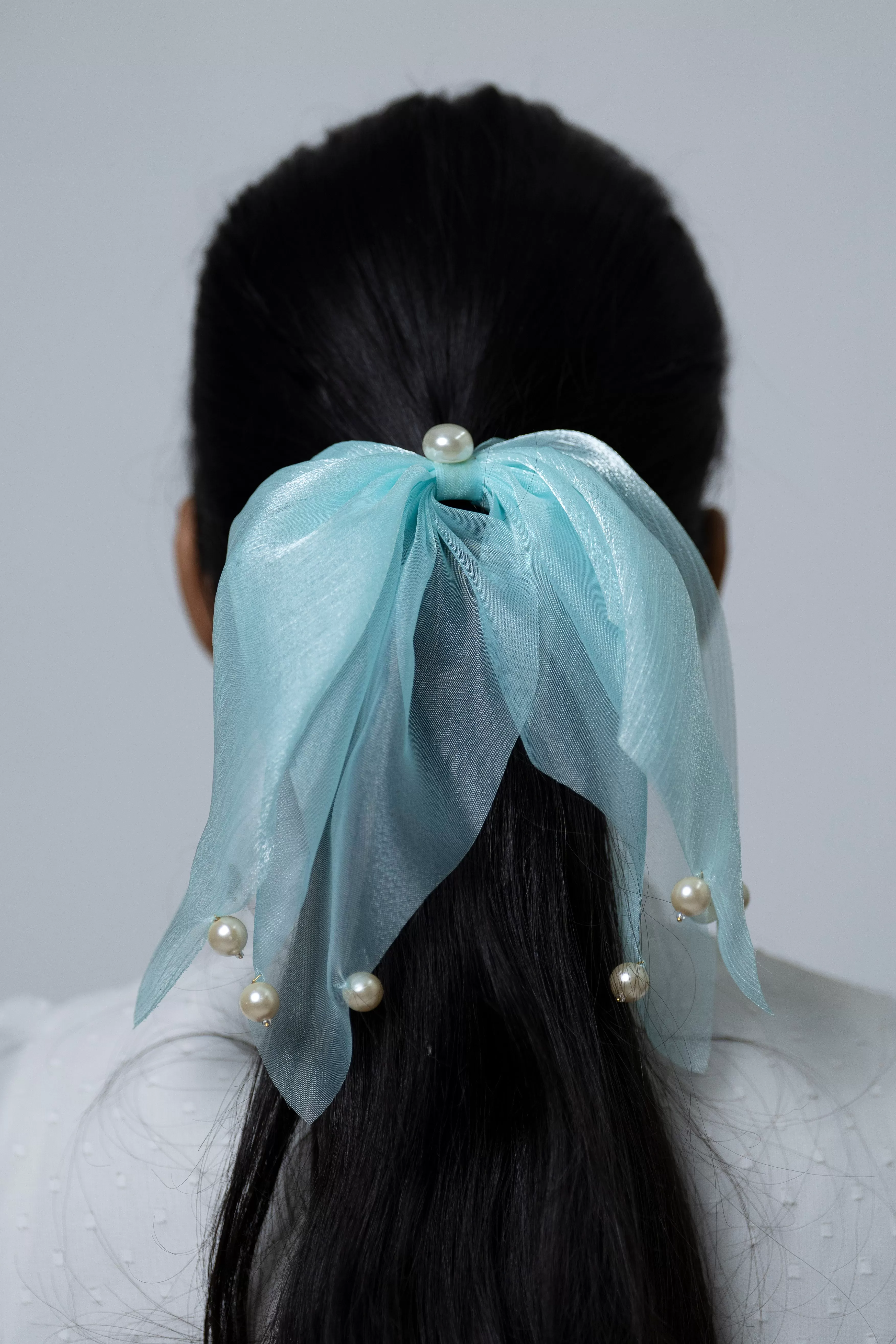 Elegant Light Blue Organza Pearl Hairband