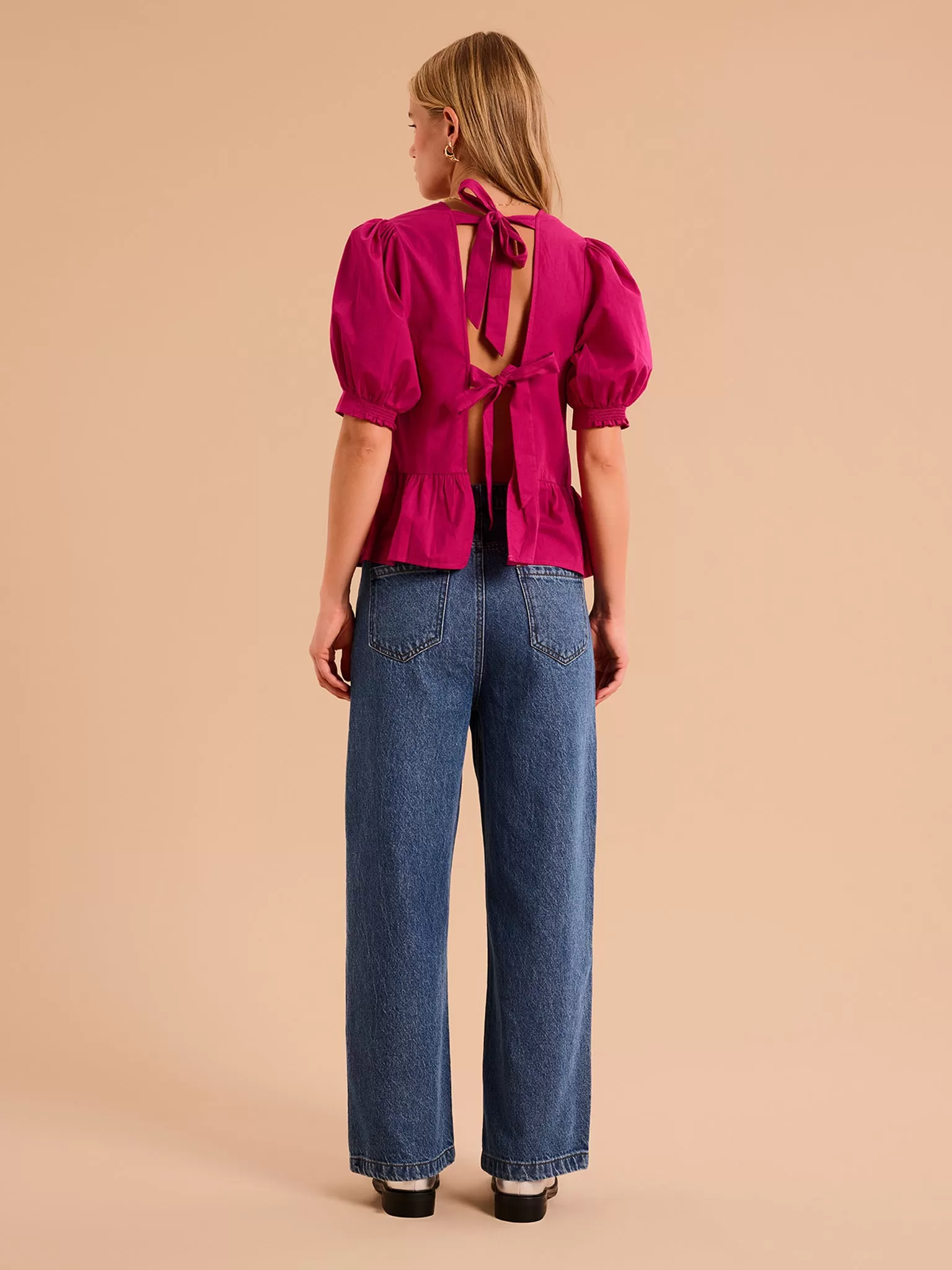 Ellie Frill Hem Puff Sleeve Cotton Blouse in Magenta