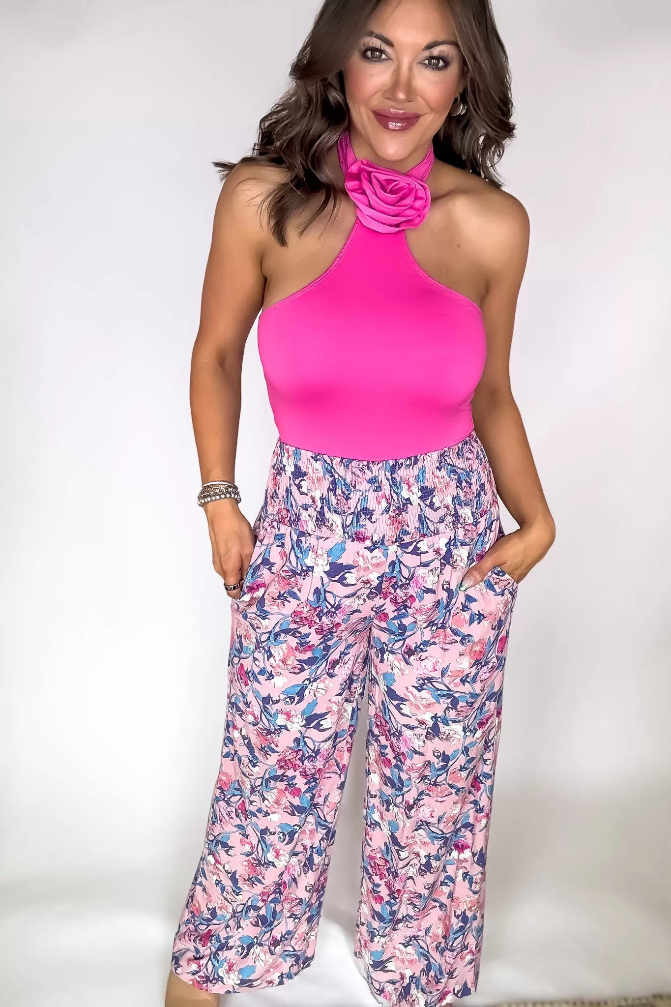 Exclusive Floral Print Smocked Flowy Pants