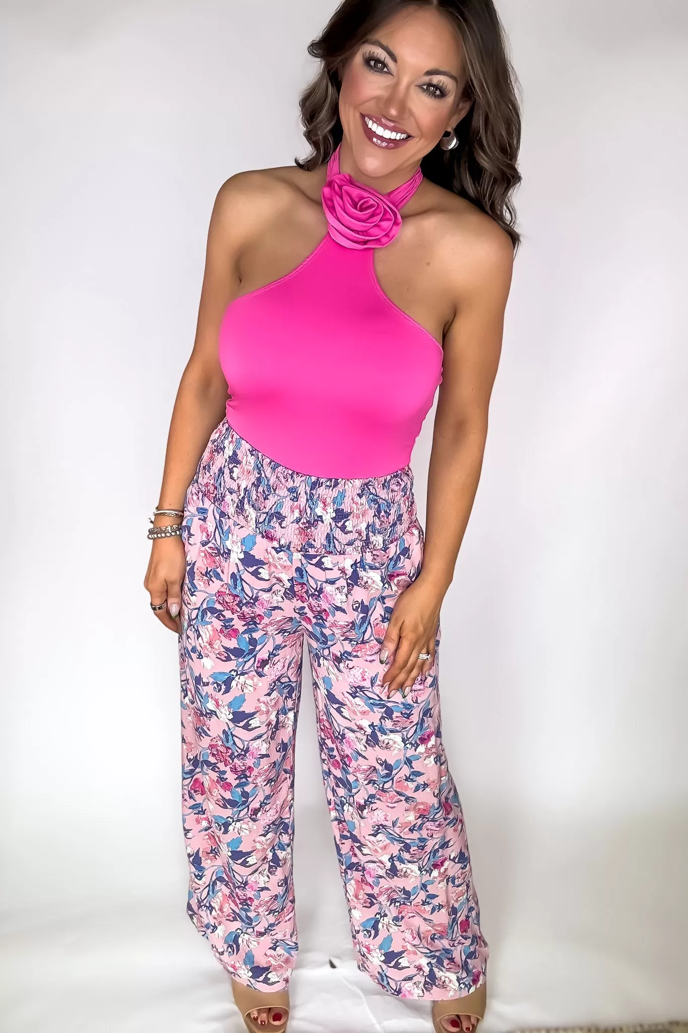 Exclusive Floral Print Smocked Flowy Pants