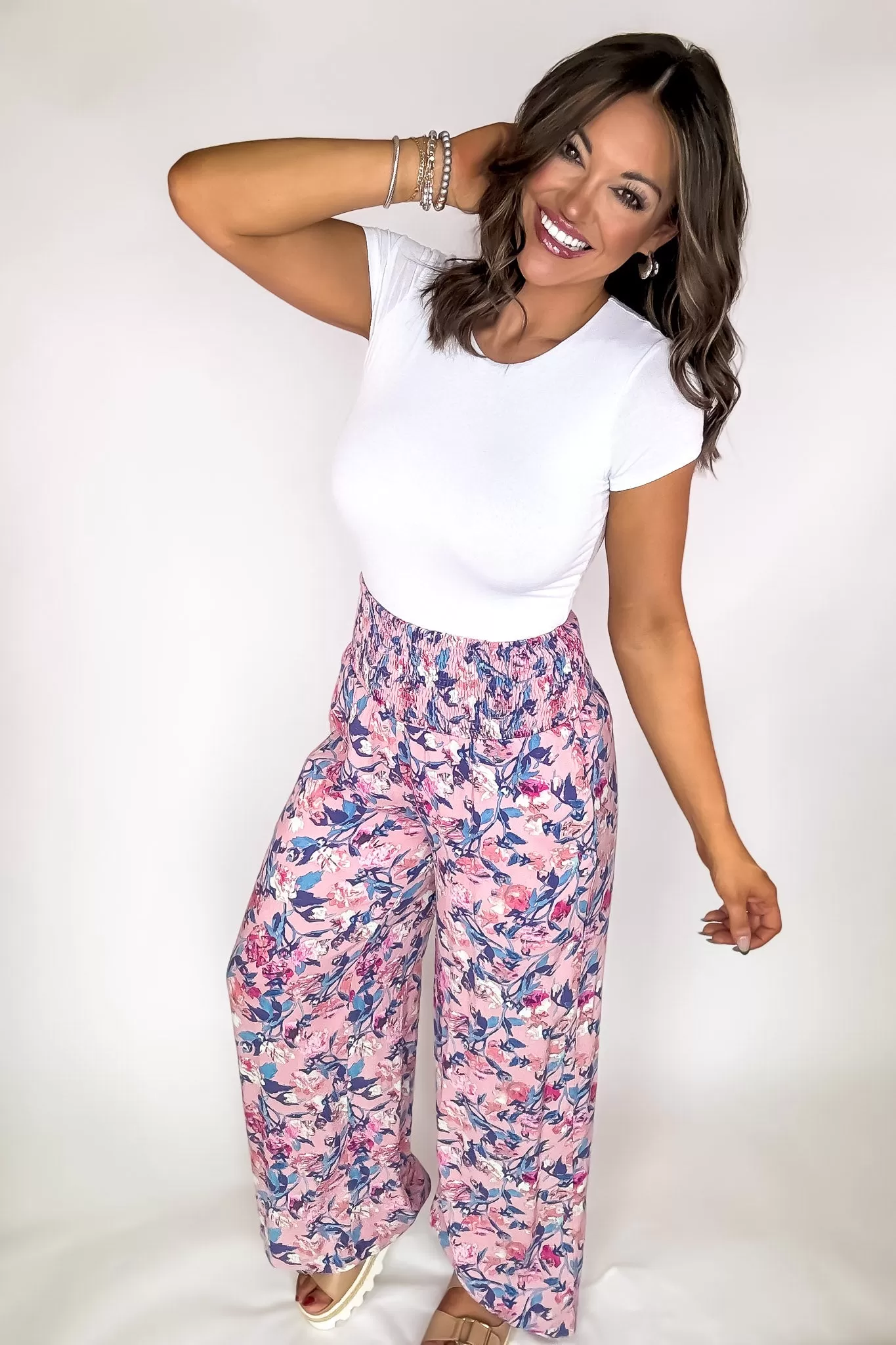 Exclusive Floral Print Smocked Flowy Pants