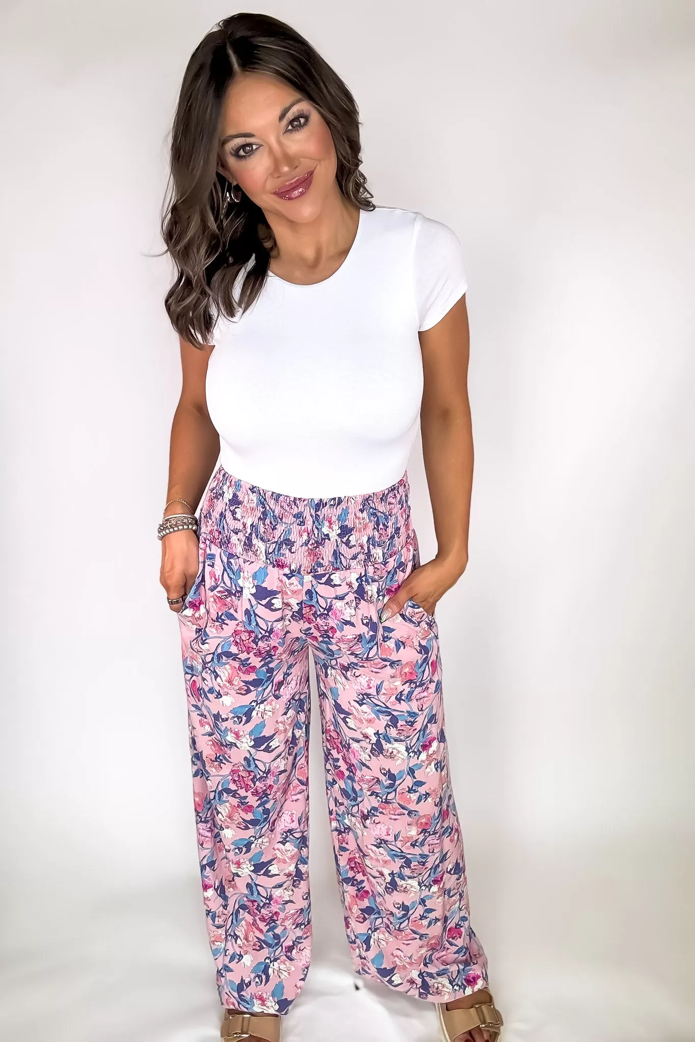 Exclusive Floral Print Smocked Flowy Pants