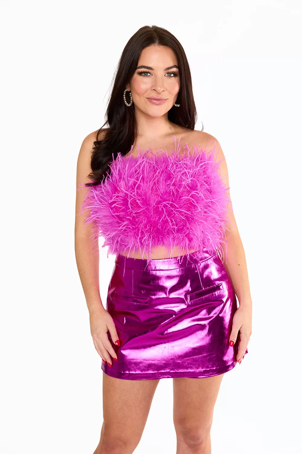 Fancy Strapless Feather Crop Top - Magenta