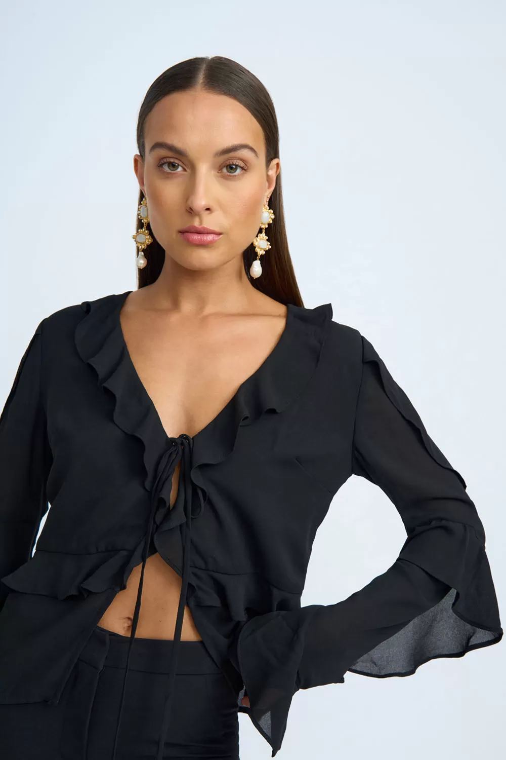 Faye Frill Sleeve Shirt | Final Sale - Black