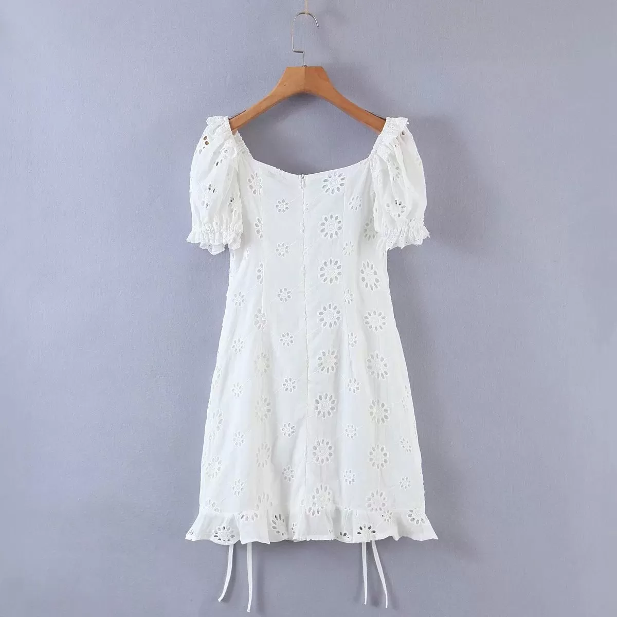 Frill White Cotton Eyelet Shirred Criss Cross Ruffle Hem Dress